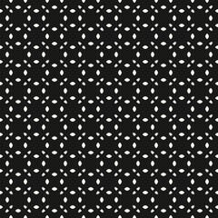 Black and white seamless minimalist pattern with small floral silhouettes, dots. Abstract monochrome geometric background. Dark geo ornament texture. Simple repeated vector design for decor, textile