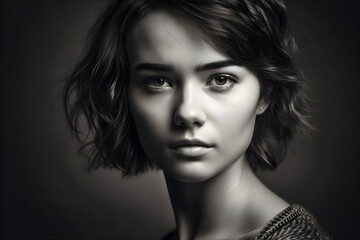 Fototapeta premium Portrait of a Young woman, natural face, Black, and white.