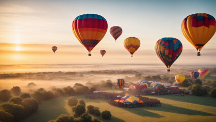 A serene and colorful hot air balloon festival at sunrise. Whimsical, aerial adventure.