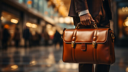 Businessman with briefcase on the way to work. Man in a suit and leather suitcase about to go on a business trip. Man on his way to a work meeting. Person working. Traveler at airport. Lawyer. - obrazy, fototapety, plakaty