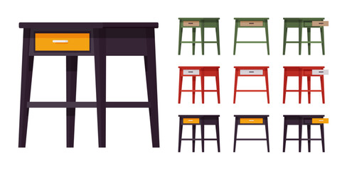 Nightstand natural bright big set, bedside table with sliding drawer. Bedroom storage, living room, bedchamber item. Vector flat style cartoon home, office furniture objects isolated, white background