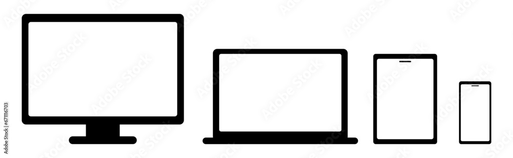 Aufkleber Mockups of devices on isolated background. Vector set of phone, tablet, laptop and computer. Empty screen mockup. Vector EPS 10	
