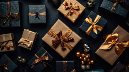 Fototapeta premium Gift boxes on a dark background. Top view. Flat lay.