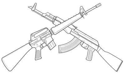 Vector illustration of two crossed rifles, american M16 and soviet AK47 on the white background.