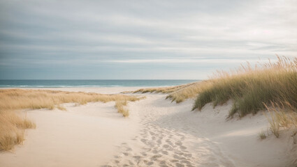 Fototapeta na wymiar A serene, minimalistic beach scene with calm waves and soft sand. Coastal relaxation.