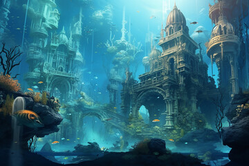 Obraz premium Fantasy underwater seascape with lost city, Fantasy sunken city under water