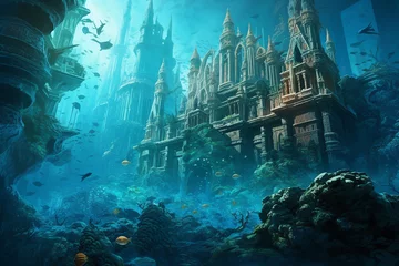 Fotobehang Fantasy underwater seascape with lost city, Fantasy sunken city under water © Wuttichaik