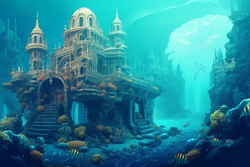 Fantasy underwater seascape with lost city, Fantasy sunken city under water