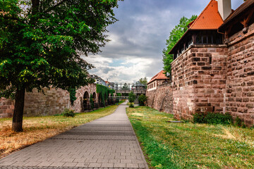 Old stonework of fortress wall in Nuremberg, Bavaria, Germany. 