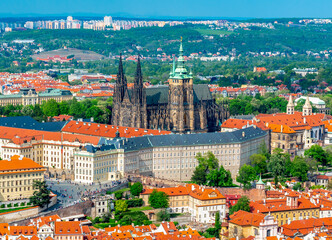 Fototapeta na wymiar Aerial view of Hradcany castle with St. Vitus cathedral and old royal palace, Prague, Czech Republic