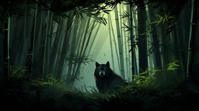Mystical Wolf in Asian Bamboo Forest Nocturne