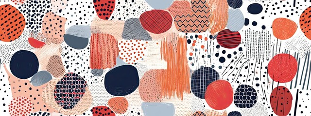 Seamless colorful whimsical wonky patchwork polkadot doodle pattern. Trendy black white deer, dalmatian, cheetah spots drawing repeating background. Simple cute abstract animal print. - obrazy, fototapety, plakaty