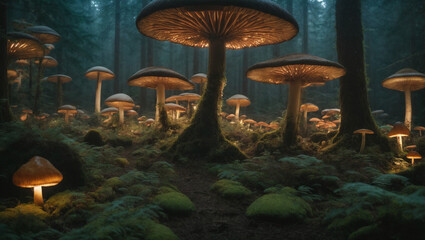 A towering, sentient forest of giant mushrooms that communicates through bioluminescent signals. Sentient fungal realm.