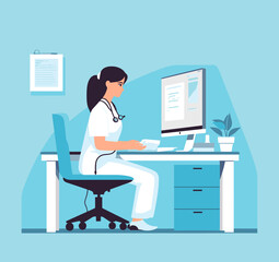 Medical nurse working at the computer desk in hospital - obrazy, fototapety, plakaty