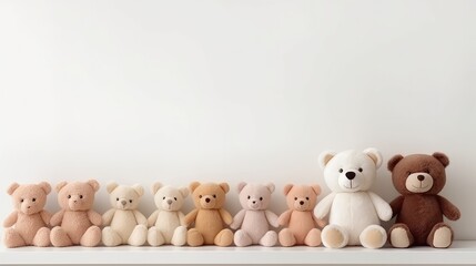 Cute teddy bears on shelf against white wall. Space for text