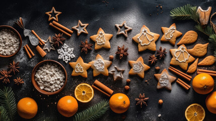 Festive preparation of homemade gingerbread cookies, surrounded by an array of aromatic spices and baking ingredients on a rustic tabletop. - Powered by Adobe