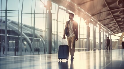 Young businessman with suitcase at airport terminal. Travel and tourism concept.