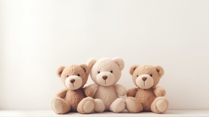 Cute teddy bears on white background with copy space, retro toned