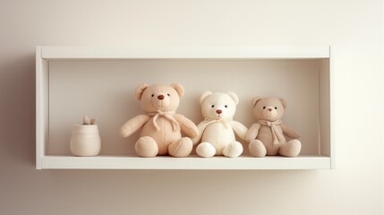 Teddy bears on a white shelf. 3d render illustration.