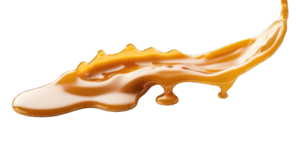 Melted caramel, delicious caramel sauce or maple syrup swirl isolated on white background.