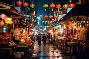 Fototapeta na wymiar As night descends, a vibrant marketplace awakens, its alleys adorned with lanterns, each stall narrating tales of culture and gastronomy.