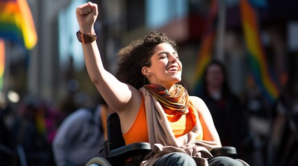 A lady sitting in a wheelchair is raising her arms and shouting loudly on the street, celebrating a victory in her political advocacy. - obrazy, fototapety, plakaty