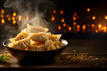 Hot steamed fried dumplings in a plate on a wooden table in kitchen, Delicious Chinese cuisine food