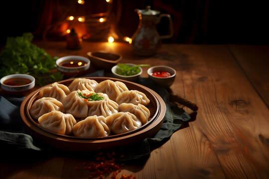 Steamed dumplings in a plate with soy sauce on a wooden table, Delicious Chinese cuisine food