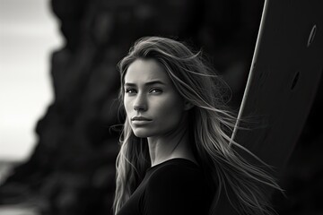 gorgeous young female surfer in a neopren suit - black and white portrait