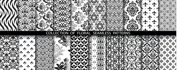 Geometric floral set of seamless patterns. White and black vector backgrounds. Damask graphic ornaments.