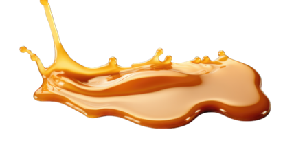 Melted caramel, delicious caramel sauce or maple syrup swirl isolated on white background.