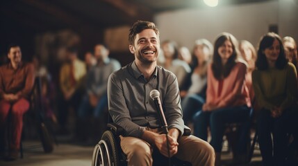 A man in a wheelchair is giving a speech in a public setting, wearing a smile - obrazy, fototapety, plakaty