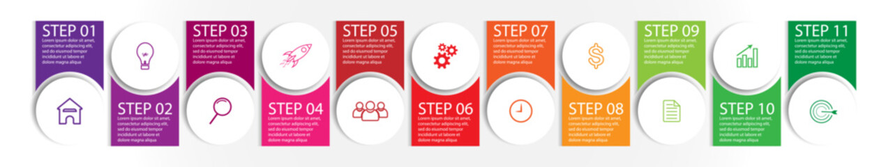 11 step infographic, simple infographic design consisting of eleven interrelated parts, circle design combined with lines, icons and colors, good for your business presentation - obrazy, fototapety, plakaty