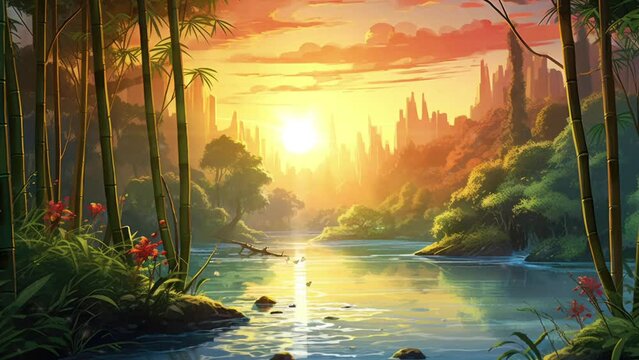 Tropical sunset casts golden hue over bamboo thicket by serene water. Distant city silhouette on horizon.