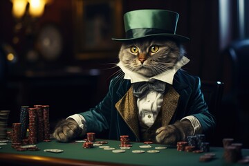 A gray cat in a suit and hat plays poker. Gambling concept. Generated by artificial intelligence - obrazy, fototapety, plakaty