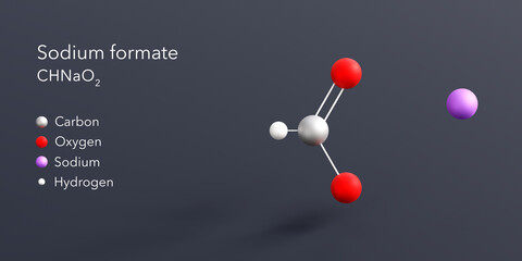 sodium formate molecule 3d rendering, flat molecular structure with chemical formula and atoms color coding