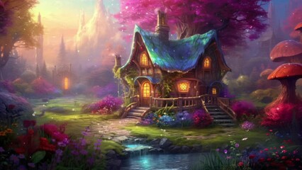Enchanting woodland cottage nestled among vibrant mushrooms and flora, with shimmering stream in foreground. Fantasy landscapes. - Powered by Adobe