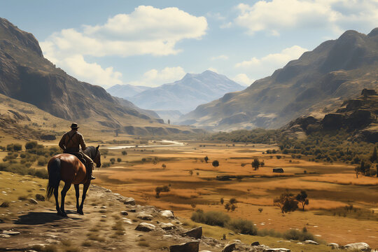 a cowboy riding through a desolate valley