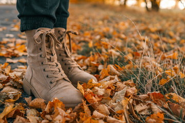 A man walks along an autumn road, boots close-up