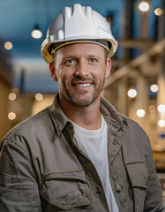 Engineer handsome man or architect looking forward with white safety helmet in construction site