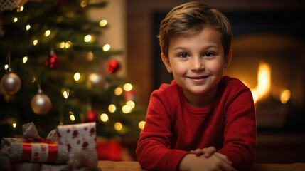 Fototapeta na wymiar Portrait of a little boy smiling in front of a decorated Christmas tree at home