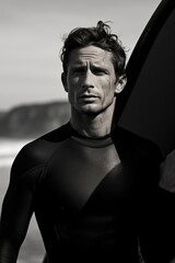 Obraz premium handsome surfer in a neopren suit - black and white portrait