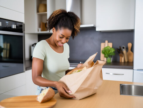A woman opens shopping bags in the kitchen
