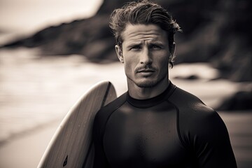 Fototapeta na wymiar handsome surfer in a neopren suit - black and white portrait