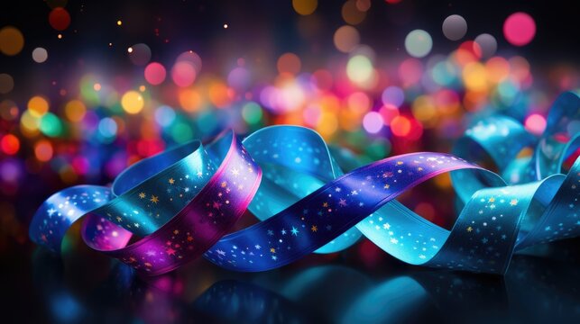 ribbins with bokeh light, twilight colors, decorate christmas backgorund.