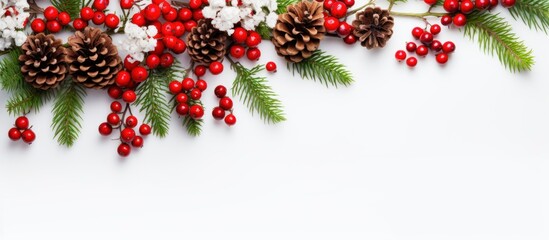 Obraz na płótnie Canvas A white table adorned with a Christmas composition of pine cones, fir, oak leaves, berries, and flowers.