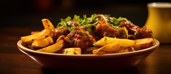 A bowl of tasty curried sausage chunks served with fries and sauces.