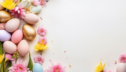 Happy Easter! Colorful Easter eggs with blossoms and spring flowers. flat lay on light background. Stylish tender spring template with space for text. Greeting card or banner Copy space 