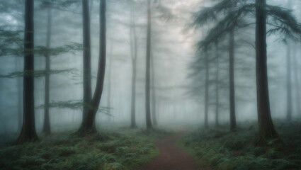 Misty, mysterious forest shrouded in dense fog. Enchanted, ancient woodland.