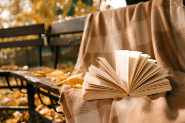 Naklejka na ściany i meble Candle and open book in nature, autumn concept